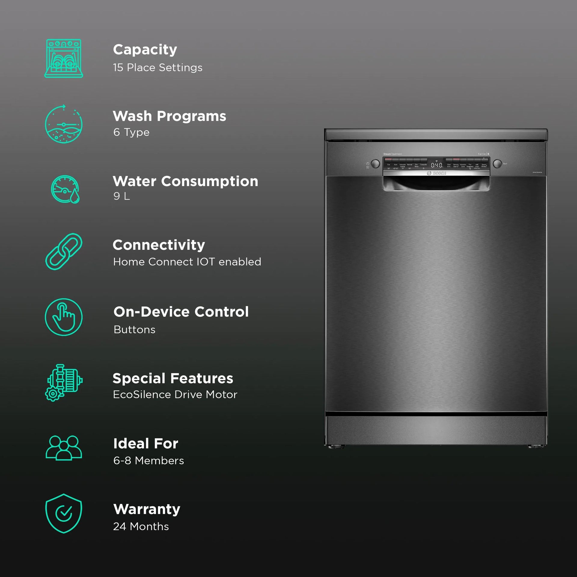 BOSCH DISH WASHER SMS6HMC00I 15PS BLACK INOX