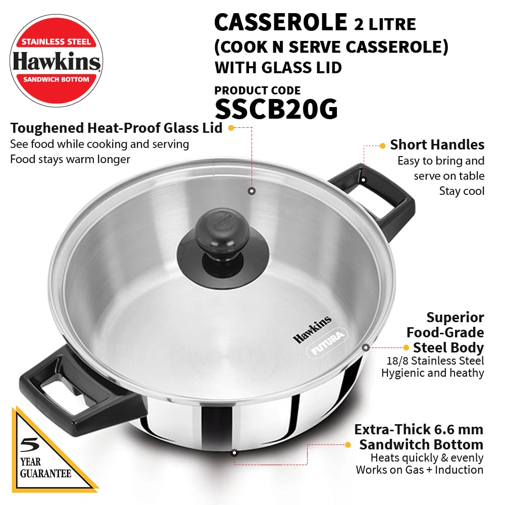 HAWKINS N/S CASSEROLE 2L/22CM SS CNS WITH G LID (SSCB20G)