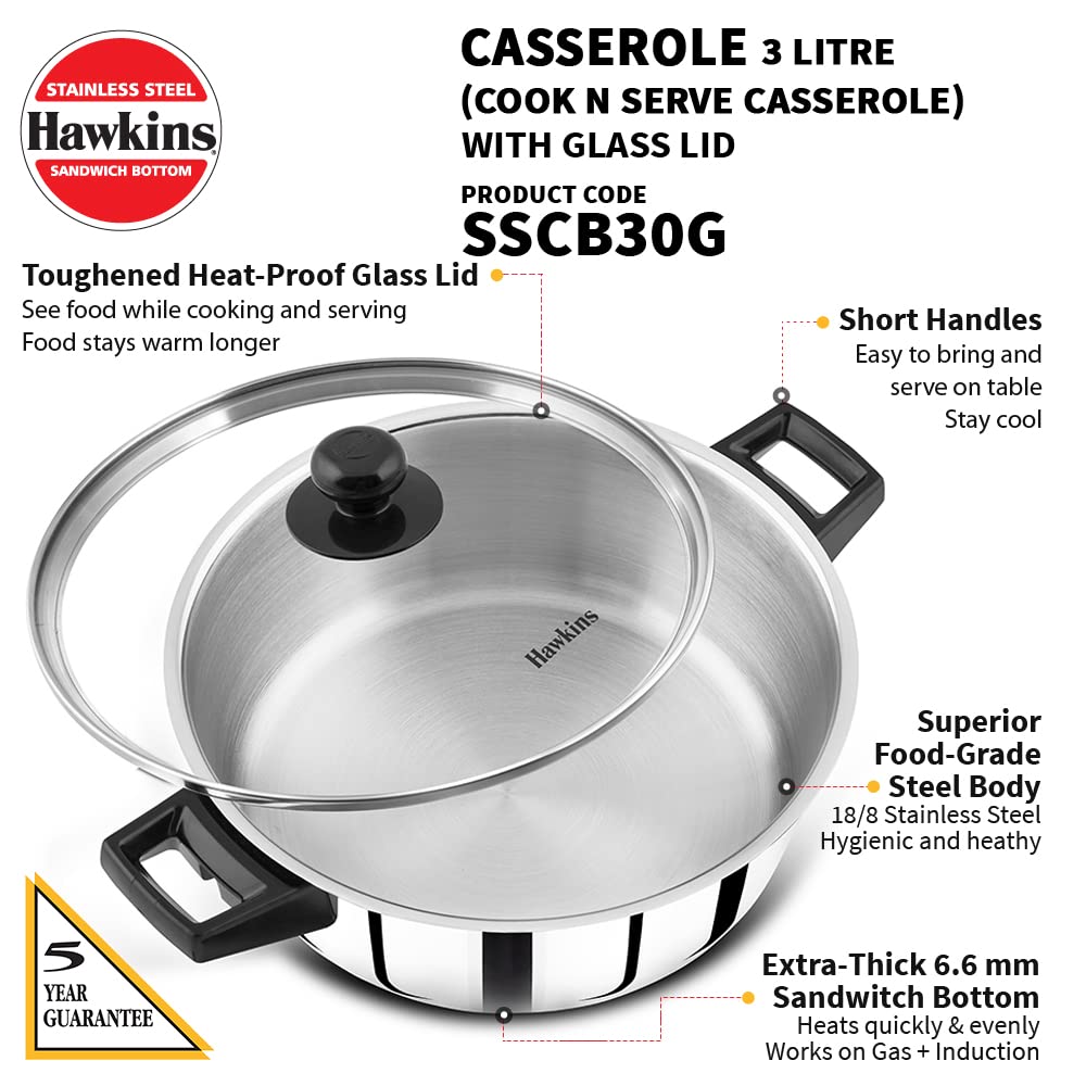 HAWKINS N/S CASSEROLE 3L/24CM SS CNS WITH G LID (SSCB30G)