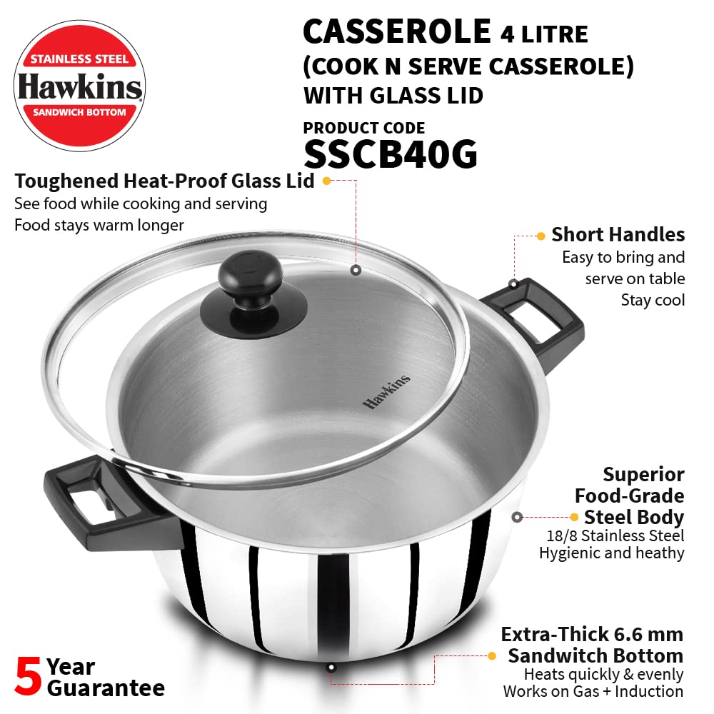 HAWKINS N/S CASSEROLE 4L/24CM SS CNS WITH G LID (SSCB40G)