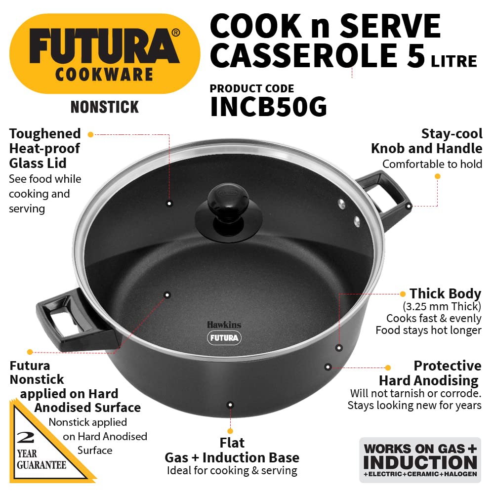 HAWKINS FUTURA NS C-N-SERVE IND CASSEROLE 5L W/G LID (INCB50G)